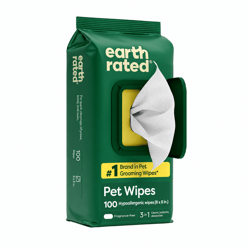 Earth Rated fragrance-free pet wipes in green packaging on a white background